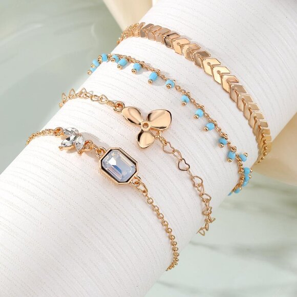 4PCS - ANKLETS Boho Charms and Beaded Layered Gold Dipped Chains Summer Set NEW - Picture 3 of 5